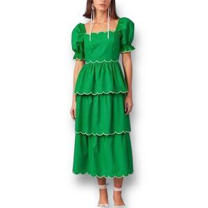 English Factory Green Scallop Tiered Maxi Dress Puff Sleeve Fairy Cottagecore S